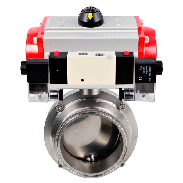 Water Butterfly valves Elephant WBV3131E-2W-C-H, body material - stainless steel AISI 304, seal - EPDM, with pneumatic actuator PA-DA-052 double action, 4V320-10 220V