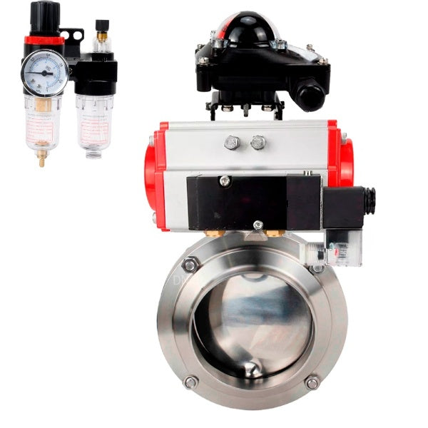 Water Butterfly valves Elephant WBV3131E-2W-W-H, body material - stainless steel AISI 304, seal - EPDM, with pneumatic actuator PA-DA, pneumatic distributor 4M310-08 NAMUR 24V, LSU APL-210N, ATU AFC2000