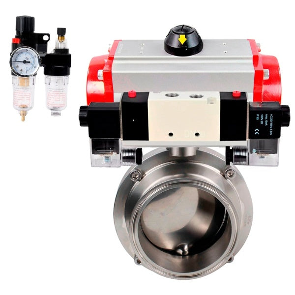 Water Butterfly valves Elephant WBV3131E-2W-C-H, body material - stainless steel AISI 304, seal - EPDM, with pneumatic actuator PA-DA-052 double action, 4V320-08 220V, ATU AFC2000