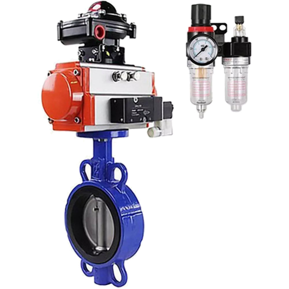 Water Butterfly Valve Elephant WBV1632E-2W-Fb-H, body material - cast iron QT450, disk material - stainless steel AISI 316L, seal - EPDM, pneumatic actuator PA-SA with return springs, 4M310-08 NAMUR 24V, LSU APL-510N EX, ATU AFC2000
