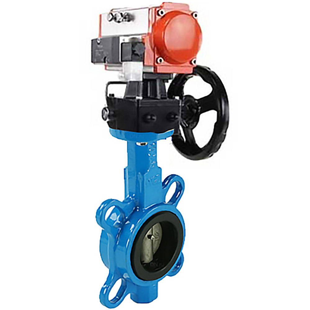 Vanne papillon d'eau Elephant WBV1631N-2W-Fb-H, matériau du corps - fonte QT450, matériau du disque - acier inoxydable AISI 304, joint - NBR, actionneur pneumatique PA-DA double action, volant 4M310-08 24V MON