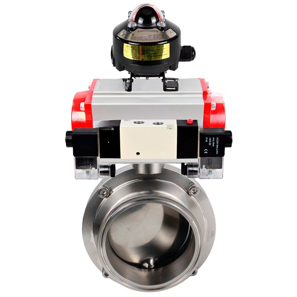 Water Butterfly valves Elephant WBV3131E-2W-C-H, body material - stainless steel AISI 304, seal - EPDM, with pneumatic actuator PA-DA-052 double action, 4V320-08 220V, LSU APL-510N EX