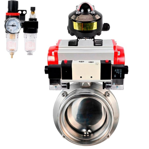 Water Butterfly valves Elephant WBV3131S-2W-T-H, body material - stainless steel AISI 304, seal - Silicon, with pneumatic actuator PA-DA, pneumatic distributor 4V320-08 220V, LSU APL-510N EX, ATU AFC2000