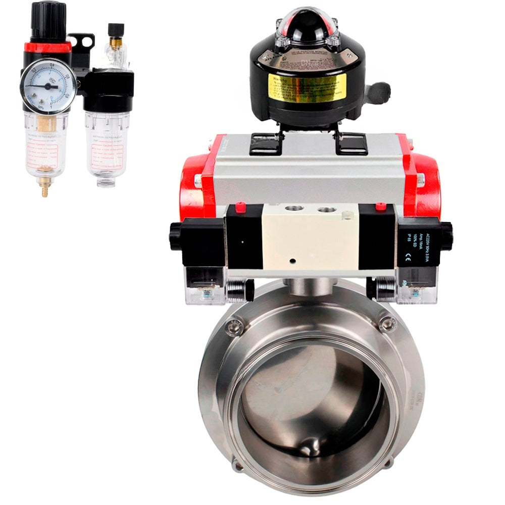 Water Butterfly valves Elephant WBV3131E-2W-C-H, body material - stainless steel AISI 304, seal - EPDM, with pneumatic actuator PA-DA-052 double action, 4V320-08 220V, LSU APL-510N EX, ATU AFC2000
