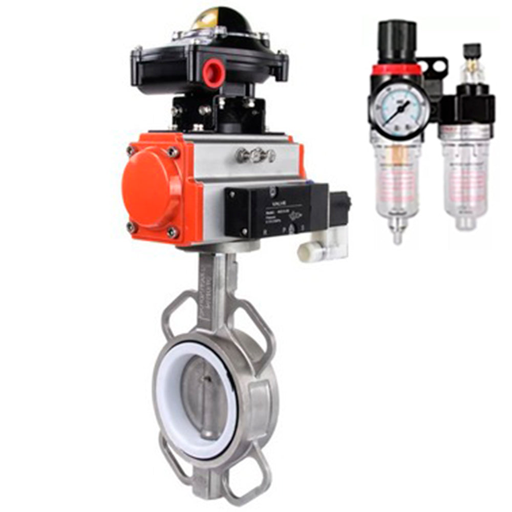 Vanne papillon d'eau Elephant WBV3131P-2W-Fb-H, matériau du corps - acier inoxydable AISI 304, matériau du disque - acier inoxydable AISI 304, joint - PTFE, actionneur pneumatique PA-SA avec ressorts de rappel, 4V320-08 220V, BKV APL-510N EX, BPV AFC2000