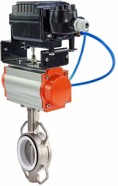 Vanne papillon d'eau Elephant WBV3131P-2W-Fb-H, matériau du corps - Acier inoxydable AISI 304, matériau du disque - Acier inoxydable AISI 304, joint - PTFE, actionneur pneumatique PA-SA avec ressorts de rappel, positionneur YT-1000RSN sans rétroaction