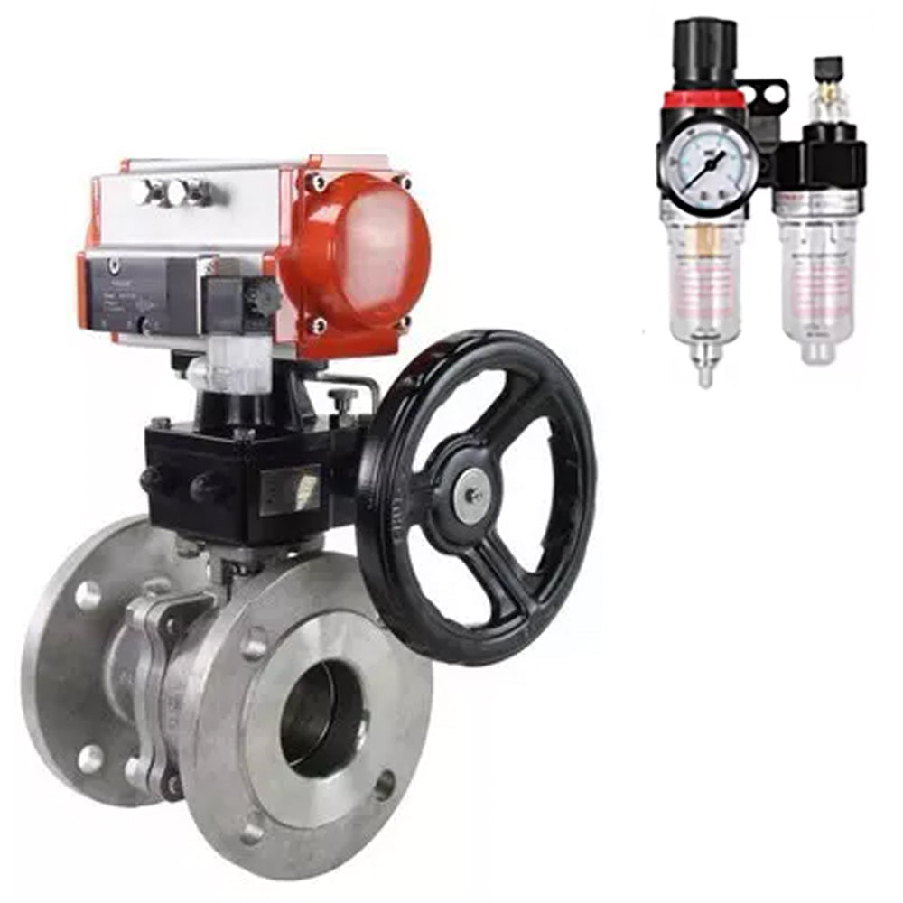 Ball valves Elephant BV3232P(2pc)-FP-F-ISO-H,  body material - Stainless steel AISI 316, seal - PTFE / PTFE / Teflon, with pneumatic actuator double action PA-DA, 4V320-10 220V, handwheel MON, ATU AFC2000
