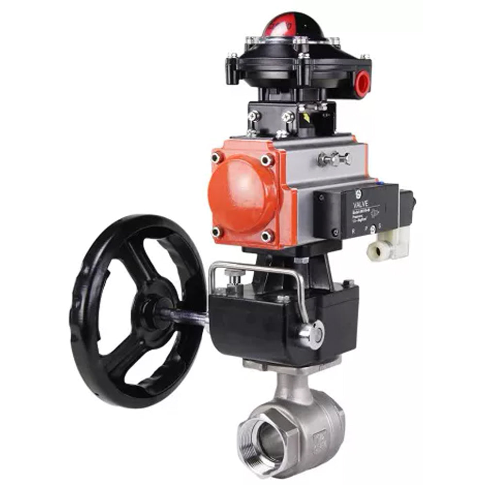 Ball valves Elephant BV3232P(2pc)-FP-T-ISO-H,  body material - Stainless steel AISI 316, seal - PTFE / PTFE / Teflon, with pneumatic actuator double action PA-DA, 4V320-10 220V, LSU APL-410N Ex, handwheel MON