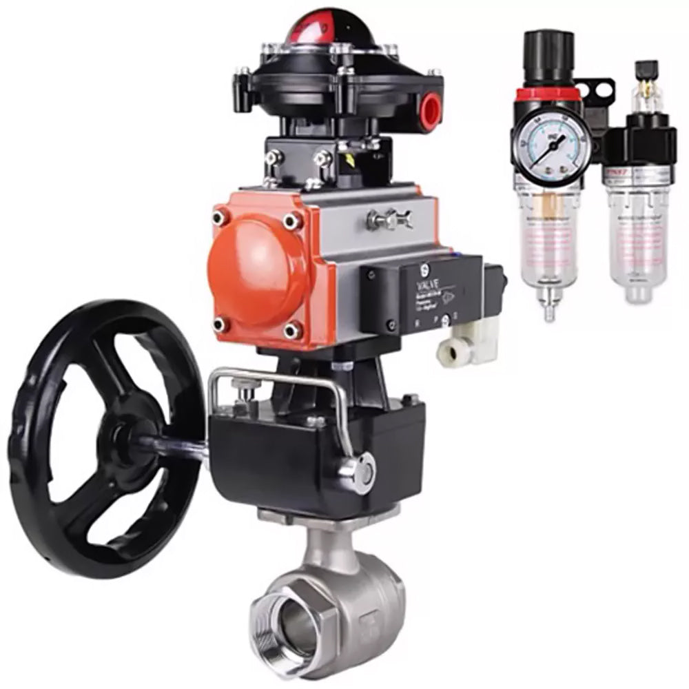 Ball valves Elephant BV3232P(2pc)-FP-T-ISO-H,  body material - Stainless steel AISI 316, seal - PTFE / PTFE / Teflon, with pneumatic actuator double action PA-DA, 4V320-10 220V, LSU APL-410N Ex, handwheel MON, ATU AFC2000