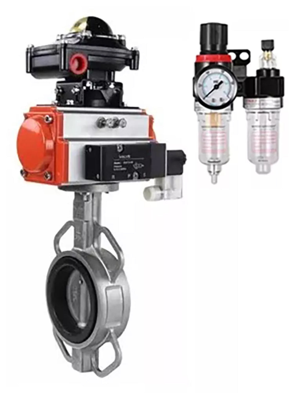 Water Butterfly Valve Elephant WBV3232V-2W-Fb-H, body material - stainless steel AISI 316L, disk material - stainless steel AISI 316L, seal - Viton, with pneumatic actuator with return springs PA-SA, 4M310-08 NAMUR 220V, LSU APL-510N-EX, ATU AFC2000
