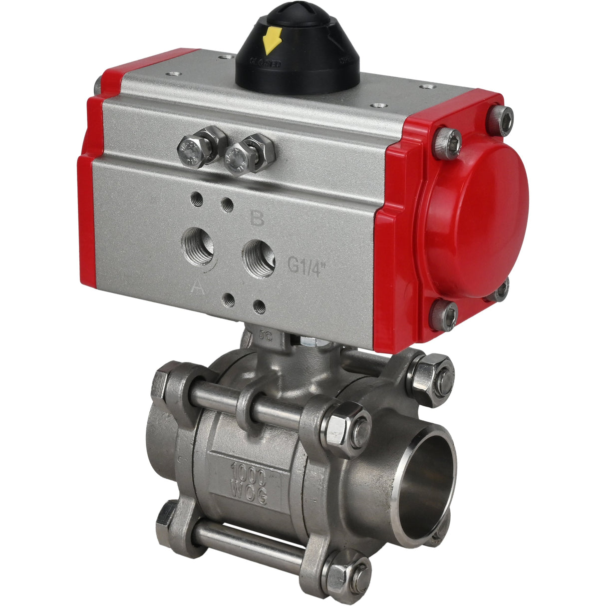 Válvula de bola de acero inoxidable Elephant kshpp-316200-da, material del cuerpo - acero inoxidable AISI 316, material de la bola - acero inoxidable AISI 316, sello - PTFE, actuador neumático operado