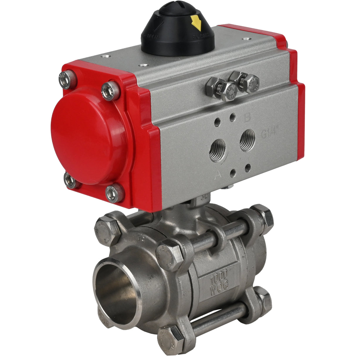 Válvula de bola de acero inoxidable Elephant kshpp-316200-sa, material del cuerpo - acero inoxidable AISI 316, material de la bola - acero inoxidable AISI 316, sello - PTFE, actuador neumático operado