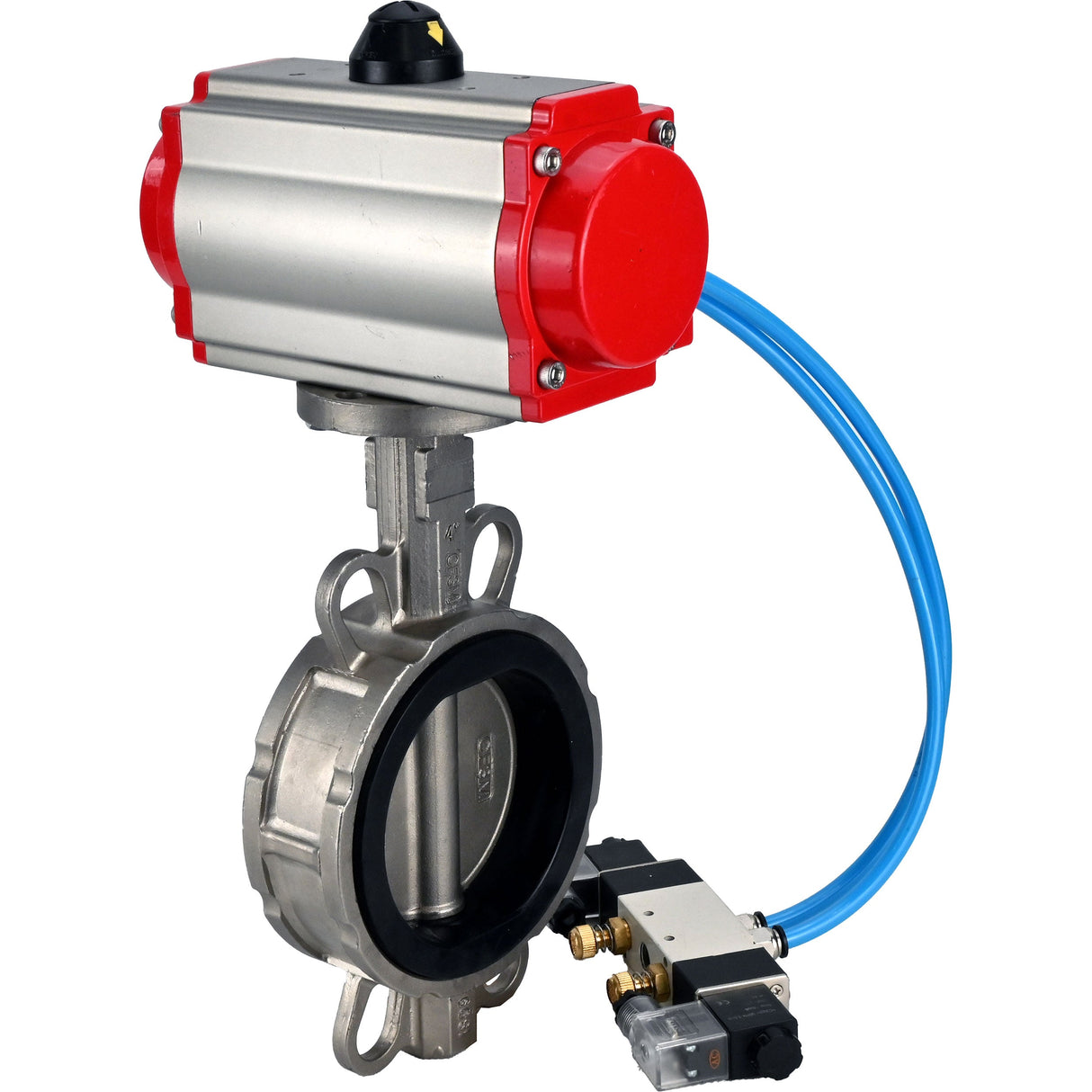 Vanne papillon d'eau Elephant WBV3232N-2W-Fb-H, matériau du corps - acier inoxydable AISI 316L, matériau du disque - acier inoxydable AISI 316L, joint - NBR, avec actionneur pneumatique avec ressorts de rappel PA-SA, 4V320-08 220V