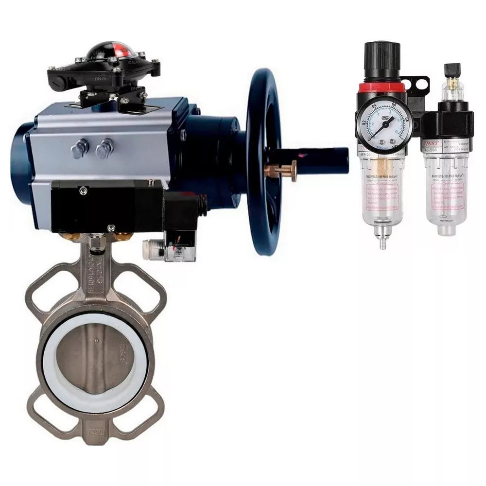 Water Butterfly Valve Elephant WBV3232E-2W-Fb-H, body material - stainless steel AISI 316L, disk material - stainless steel AISI 316L, seal - EPDM, with pneumatic actuator double action PA-DA-105-1, 4V320-08 220V, LSU APL-510N-EX, ATU AFC2000