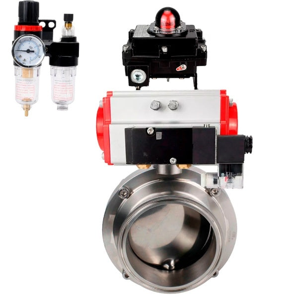 Water Butterfly valves Elephant WBV3131E-2W-C-H, body material - stainless steel AISI 304, seal - EPDM, with pneumatic actuator PA-DA, pneumatic distributor 4M310-08 NAMUR 220V, LSU APL-410N EX, ATU AFC2000