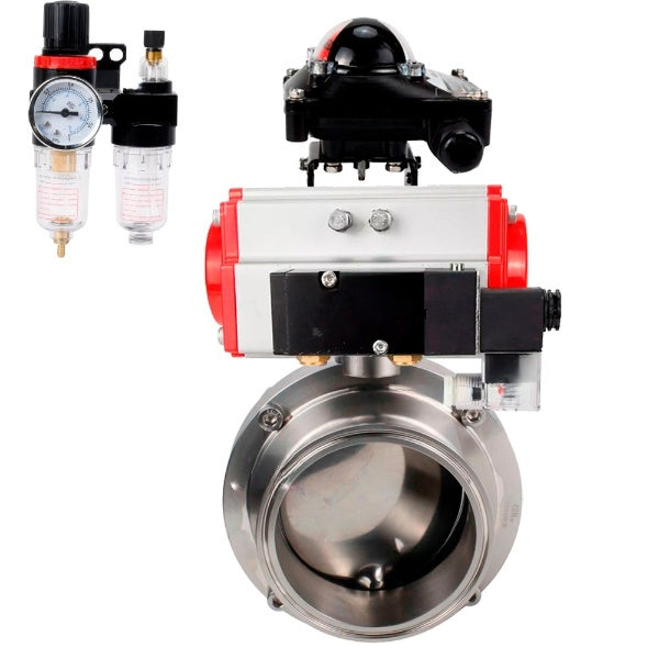 Water Butterfly valves Elephant WBV3131E-2W-C-H, body material - stainless steel AISI 304, seal - EPDM, with pneumatic actuator PA-SA, pneumatic distributor 4M310-08 NAMUR 24V, LSU APL-210N, ATU AFC2000