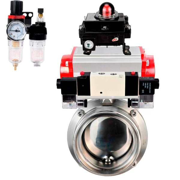 Water Butterfly valves Elephant WBV3131S-2W-T-H, body material - stainless steel AISI 304, seal - Silicon, with pneumatic actuator PA-DA-052 double action, 4V320-08 220V, LSU APL-410N EX, ATU AFC2000