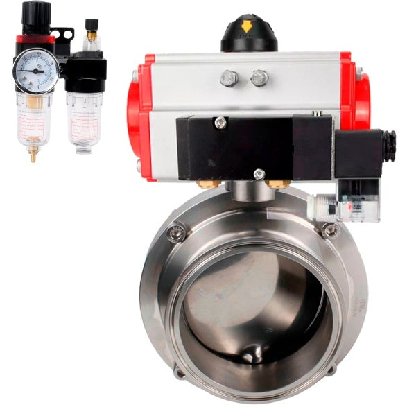 Water Butterfly valves Elephant WBV3131E-2W-C-H, body material - stainless steel AISI 304, seal - EPDM, with pneumatic actuator PA-DA, pneumatic distributor 4M310-08 NAMUR 220V, ATU AFC2000