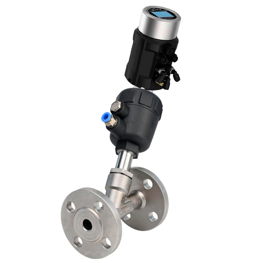 Pneumatic shut-off valves Elephant VSP324PV-F-1PNC, body - stainless steel SS316, flanged, Y-shaped, with electropneumatic intelligent positioner EIP-1600 (stroke 25-50mm)