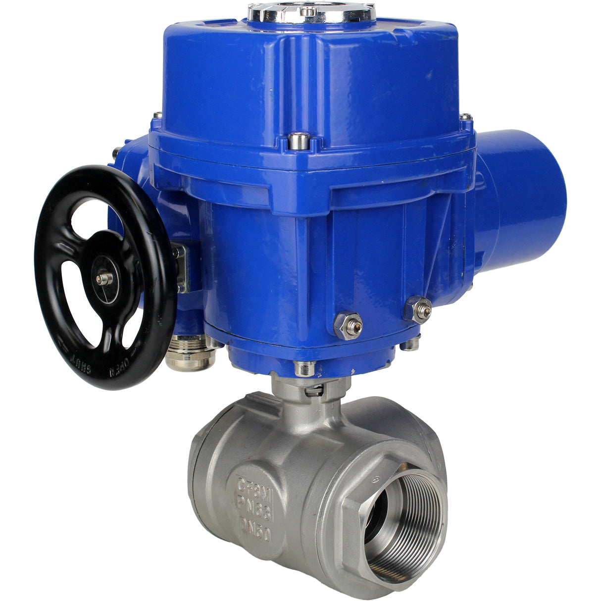 Válvula de bola de acero inoxidable Elephant RP.SS316.200.MM.ISO 914 PSI roscada, puerto estándar, tres vías, tipo L, material del cuerpo - acero inoxidable AISI 316, con actuador eléctrico de cuarto de vuelta Elephant QT-W (M) 380V