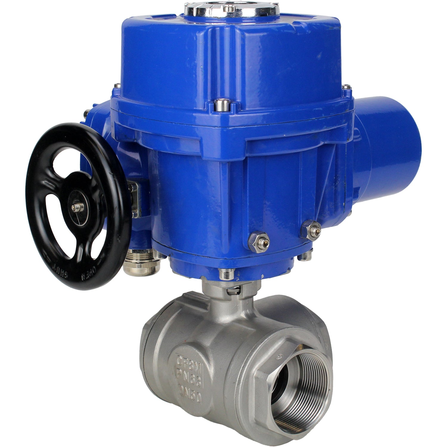 Válvula de bola de acero inoxidable Elephant RP.SS316.200.MM.ISO 914 PSI roscada, puerto estándar, tres vías, tipo L, material del cuerpo - acero inoxidable AISI 316, con actuador eléctrico de cuarto de vuelta Elephant QT-W (M) 380V