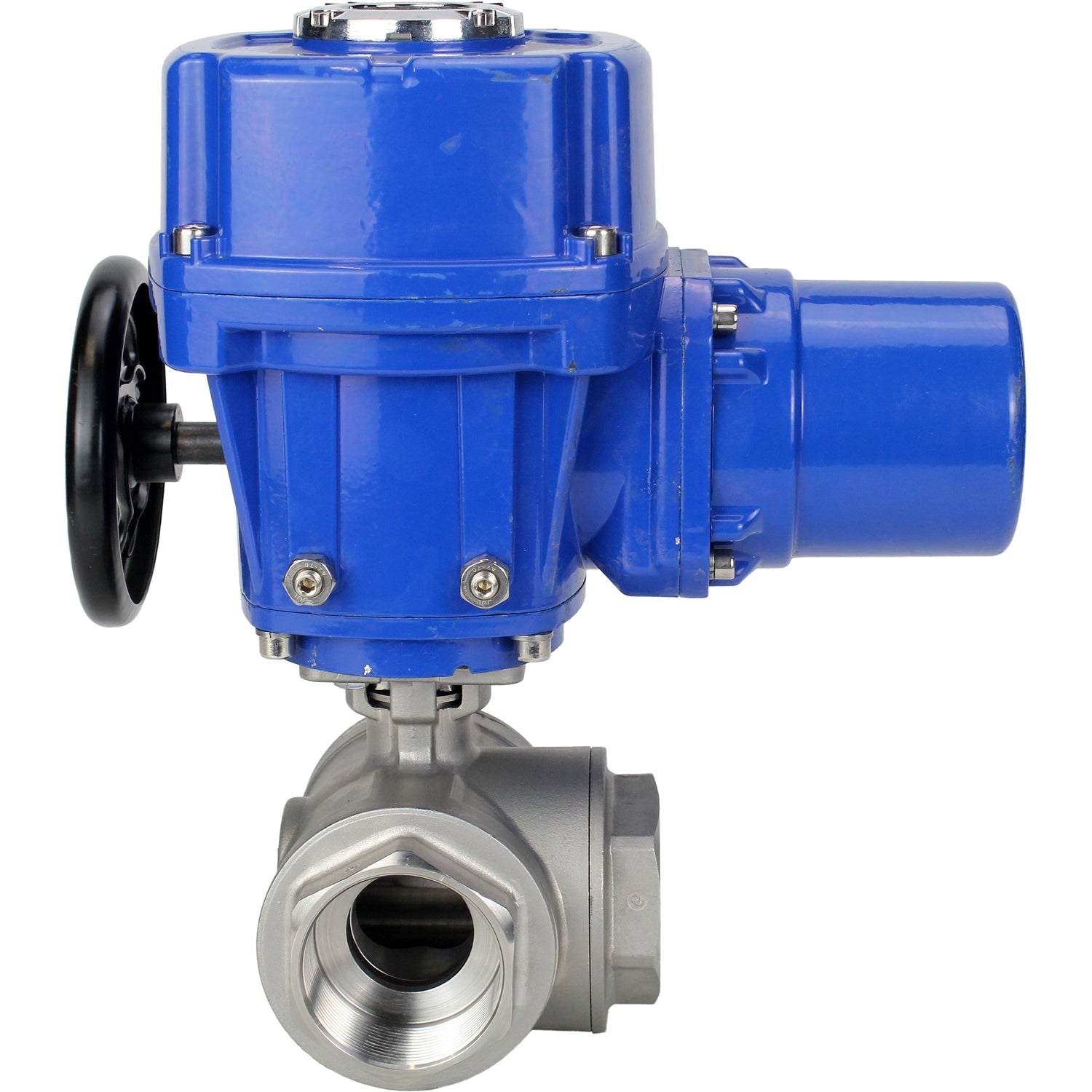 Válvula de bola de acero inoxidable Elephant RP.SS316.200.MM.ISO 914 PSI roscada, puerto estándar, tres vías, tipo L, material del cuerpo - acero inoxidable AISI 316, con actuador eléctrico de cuarto de vuelta Elephant QT-W (M) 380V