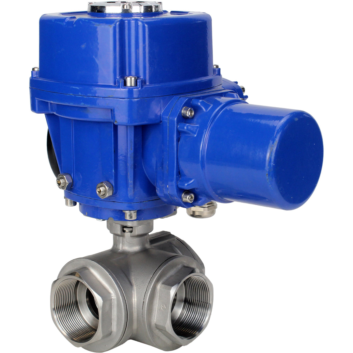 Válvula de bola de acero inoxidable Elephant RP.SS316.200.MM.ISO 914 PSI roscada, puerto estándar, tres vías, tipo L, material del cuerpo - acero inoxidable AISI 316, con actuador eléctrico de cuarto de vuelta Elephant QT-W (M) 220V