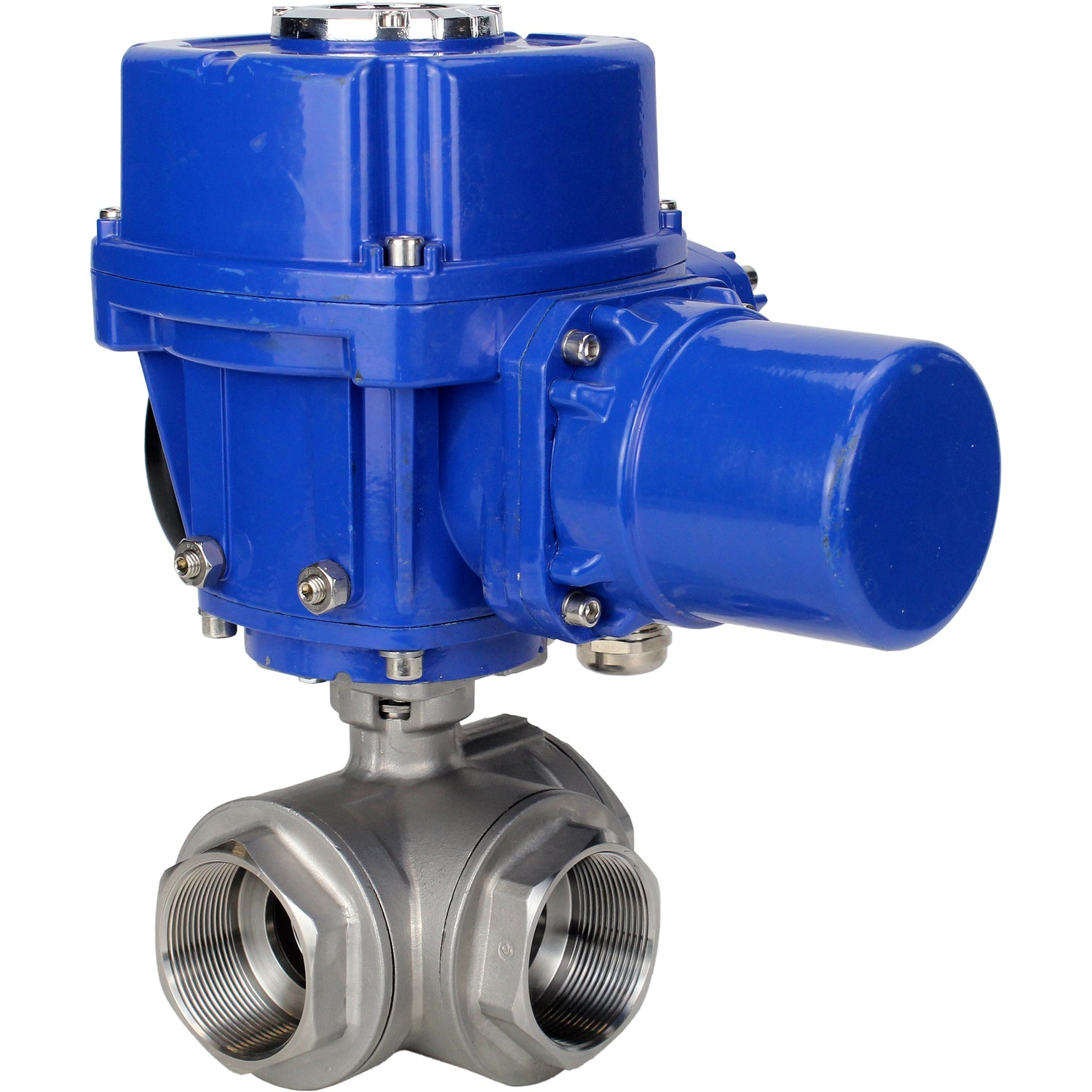 Válvula de bola de acero inoxidable Elephant RP.SS316.200.MM.ISO 914 PSI roscada, puerto estándar, tres vías, tipo L, material del cuerpo - acero inoxidable AISI 316, con actuador eléctrico de cuarto de vuelta Elephant QT-W (M) 220V