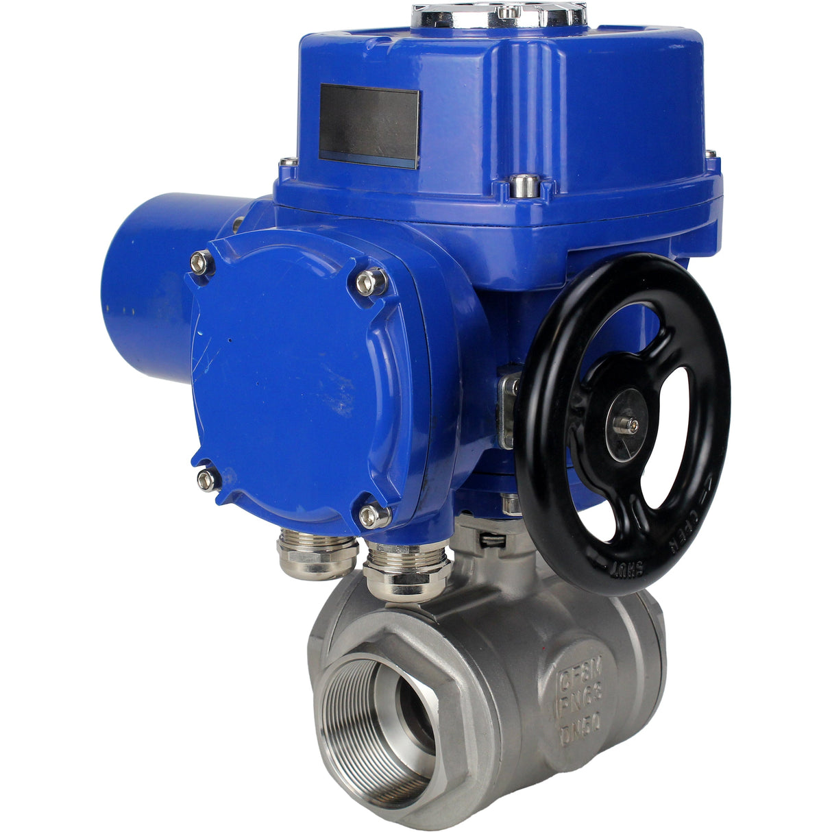 Válvula de bola de acero inoxidable Elephant RP.SS316.200.MM.ISO 914 PSI roscada, puerto estándar, tres vías, tipo L, material del cuerpo - acero inoxidable AISI 316, con actuador eléctrico de cuarto de vuelta Elephant QT-W (M) 220V