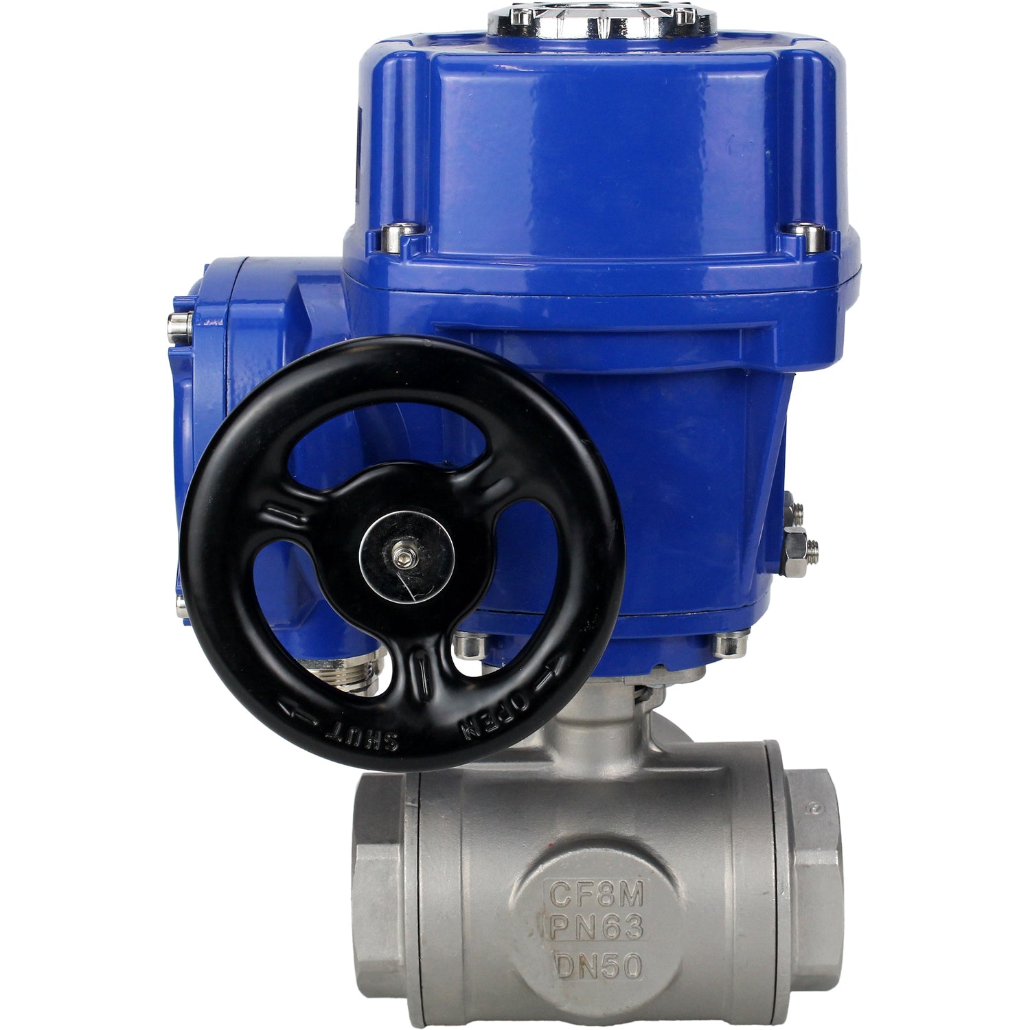 Válvula de bola de acero inoxidable Elephant RP.SS316.200.MM.ISO 914 PSI roscada, puerto estándar, tres vías, tipo L, material del cuerpo - acero inoxidable AISI 316, con actuador eléctrico de cuarto de vuelta Elephant QT-W (M) 220V