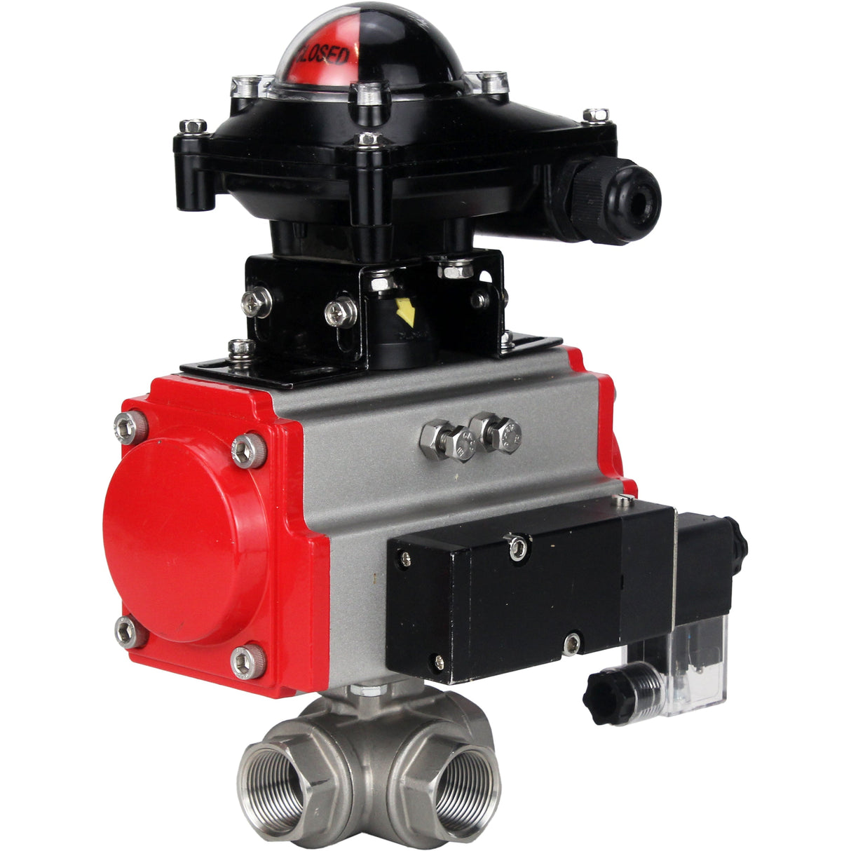 Válvula de bola de acero inoxidable Elephant 3h-l-rpss316200mm-iso-pnevpr-da-rasp-110/220v-bkv, material del cuerpo - acero inoxidable AISI 316, material de la bola - acero inoxidable AISI 316, junta - PTFE, accionamiento por actuador neumático