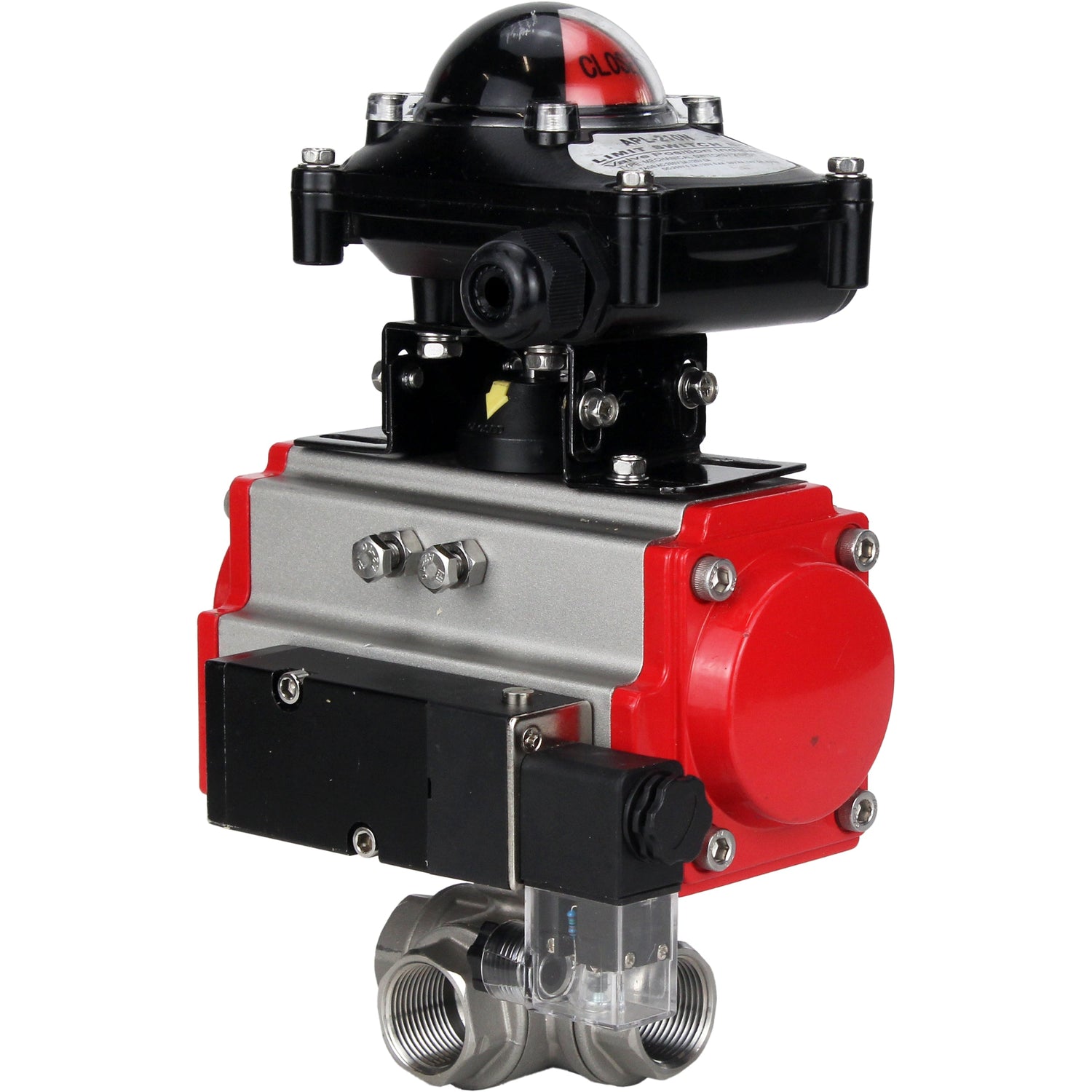 Válvula de bola de acero inoxidable Elephant 3h-l-rpss316200mm-iso-pnevpr-sa-rasp-24v-bkv, material del cuerpo - acero inoxidable AISI 316, material de la bola - acero inoxidable AISI 316, junta - PTFE, accionamiento por actuador neumático