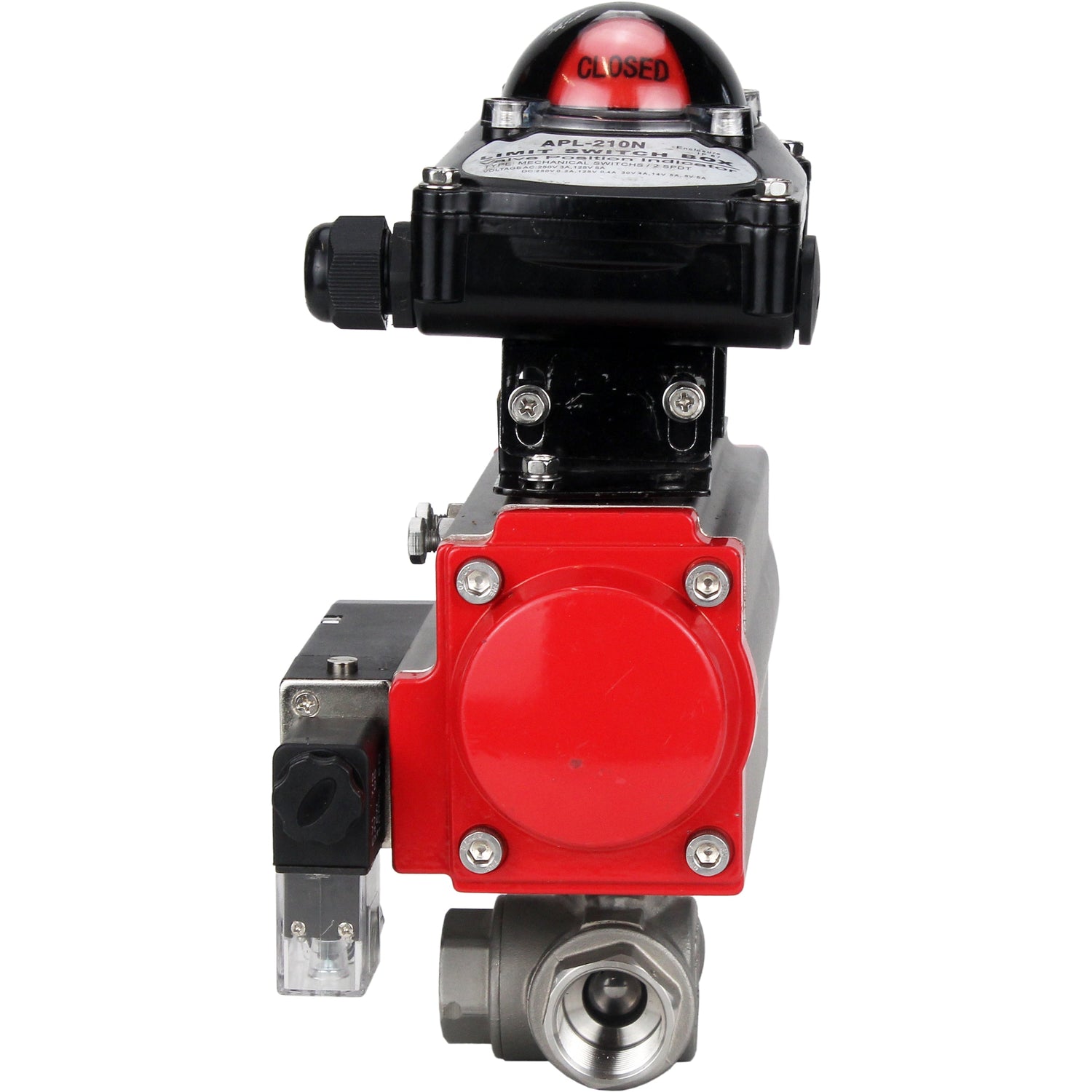 Válvula de bola de acero inoxidable Elephant 3h-l-rpss316200mm-iso-pnevpr-sa-rasp-24v-bkv, material del cuerpo - acero inoxidable AISI 316, material de la bola - acero inoxidable AISI 316, junta - PTFE, accionamiento por actuador neumático