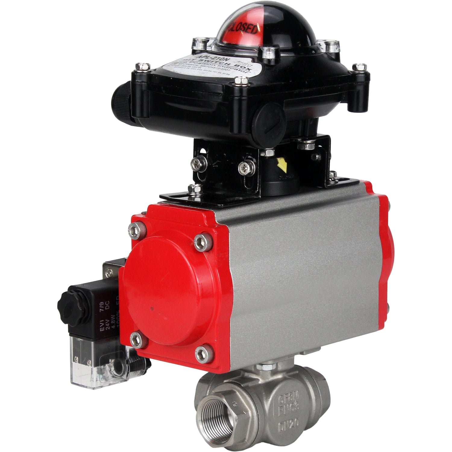 Válvula de bola de acero inoxidable Elephant 3h-l-rpss316200mm-iso-pnevpr-sa-rasp-24v-bkv, material del cuerpo - acero inoxidable AISI 316, material de la bola - acero inoxidable AISI 316, junta - PTFE, accionamiento por actuador neumático