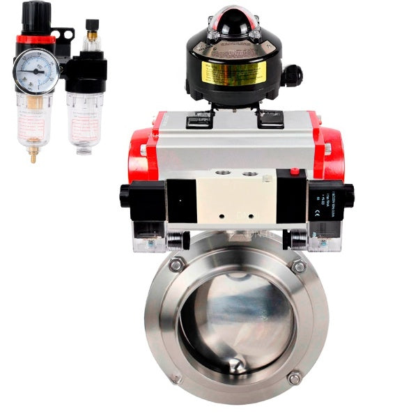 Water Butterfly valves Elephant WBV3131E-2W-W-H, body material - stainless steel AISI 304, seal - EPDM, with pneumatic actuator PA-SA, pneumatic distributor 4V320-10 220V, LSU APL-510N EX, ATU AFC2000