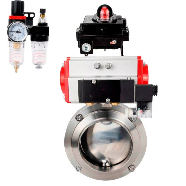 Water Butterfly valves Elephant WBV3131E-2W-W-H, body material - stainless steel AISI 304, seal - EPDM, with pneumatic actuator PA-DA-052 double action, 4M310-08 NAMUR 220V, LSU APL-410N EX, ATU AFC2000