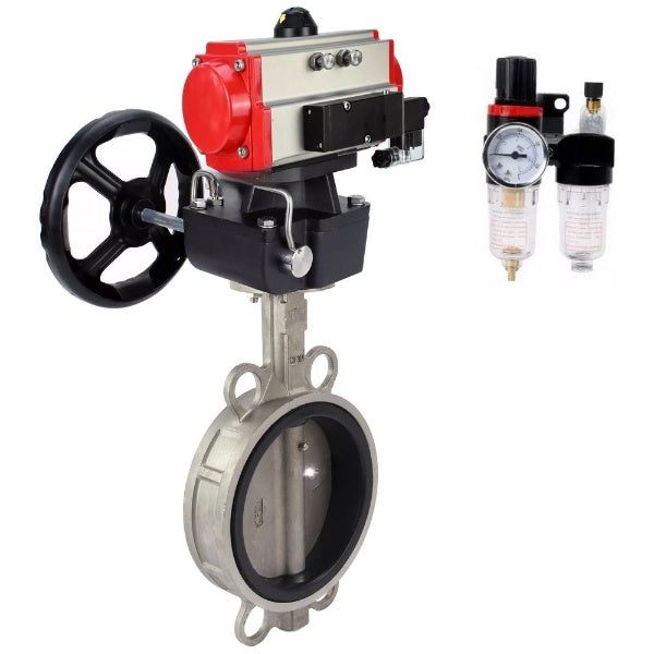 Butterfly valve Elephant WBV3232N-2W-Fb-H, body material - stainless steel AISI 316L, disk material - stainless steel AISI 316L, seal - NBR, with pneumatic actuator double action PA-DA, 4V320-08 220V, handwheel MON, ATU AFC2000