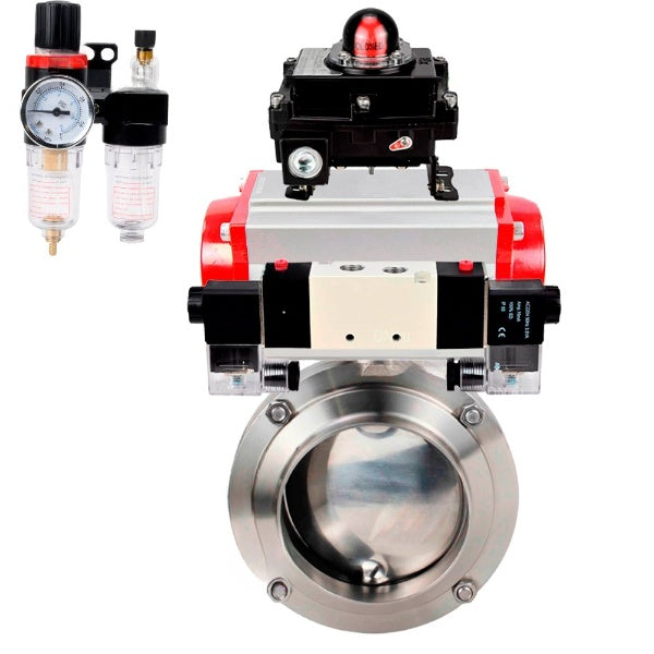 Water Butterfly valves Elephant WBV3131E-2W-W-H, body material - stainless steel AISI 304, seal - EPDM, with pneumatic actuator PA-DA, pneumatic distributor 4V320-10 220V, LSU APL-410N EX, ATU AFC2000