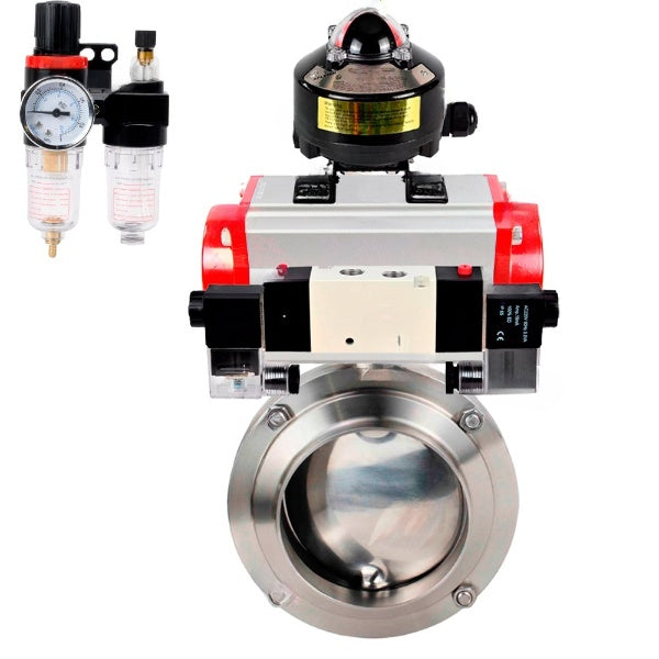 Water Butterfly valves Elephant WBV3131E-2W-W-H, body material - stainless steel AISI 304, seal - EPDM, with pneumatic actuator PA-DA-052 double action, 4V320-10 220V, LSU APL-510N EX, ATU AFC2000
