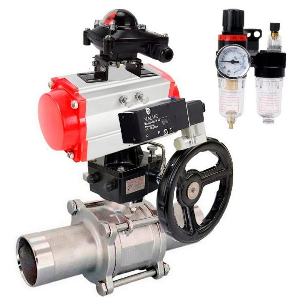 Ball valves Elephant BV3131P(3pc)-FP-W-ISO-H LONG, body material - Stainless steel AISI 304, seal - PTFE / PTFE / Teflon, with pneumatic actuator double action PA-DA, 4V320-08 220V, LSU APL-410N Ex, handwheel MON, ATU AFC2000