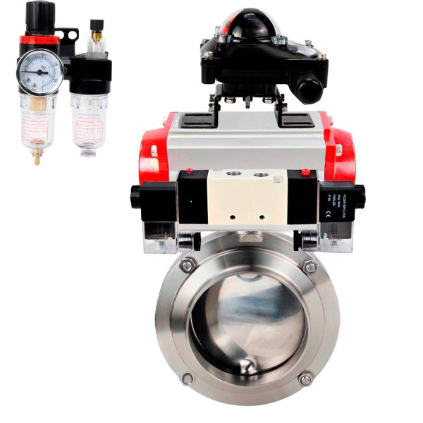 Water Butterfly valves Elephant WBV3131E-2W-W-H, body material - stainless steel AISI 304, seal - EPDM, with pneumatic actuator PA-SA, pneumatic distributor 4V320-08 220V, LSU APL-210N, ATU AFC2000