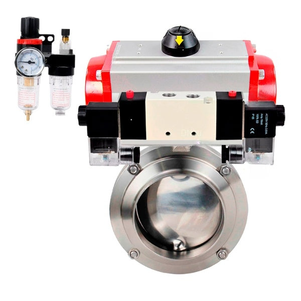 Water Butterfly valves Elephant WBV3131E-2W-W-H, body material - stainless steel AISI 304, seal - EPDM, with pneumatic actuator PA-SA, pneumatic distributor 4V320-08 220V, ATU AFC2000