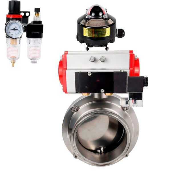 Water Butterfly valves Elephant WBV3131E-2W-C-H, body material - stainless steel AISI 304, seal - EPDM, with pneumatic actuator PA-SA, pneumatic distributor 4M310-08 NAMUR 220V, LSU APL-510N EX, ATU AFC2000