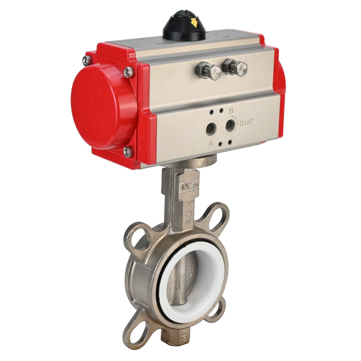 Válvula de mariposa de agua Elephant 316l-ptfe-elephant-sa, material del cuerpo - acero inoxidable AISI 316L, material del disco - acero inoxidable AISI 316L, sello - PTFE, actuador neumático operado