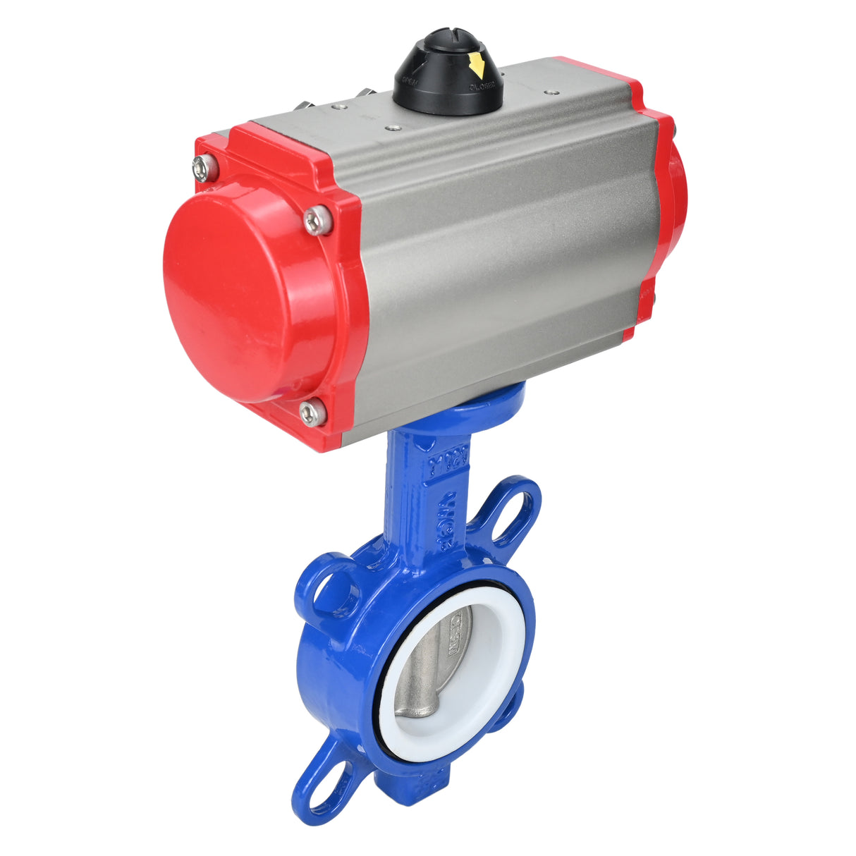 Válvula de mariposa de agua Elephant st-316l-ptfe-elephant-sa, material del cuerpo - acero al carbono WCB, material del disco - acero inoxidable AISI 316L, sello - PTFE, actuador neumático operado