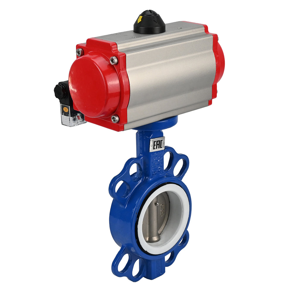 Válvula de mariposa de agua Elephant st-316l-ptfe-sa-4m310-24v, material del cuerpo - acero al carbono WCB, material del disco - acero inoxidable AISI 316L, sello - PTFE, actuador neumático operado