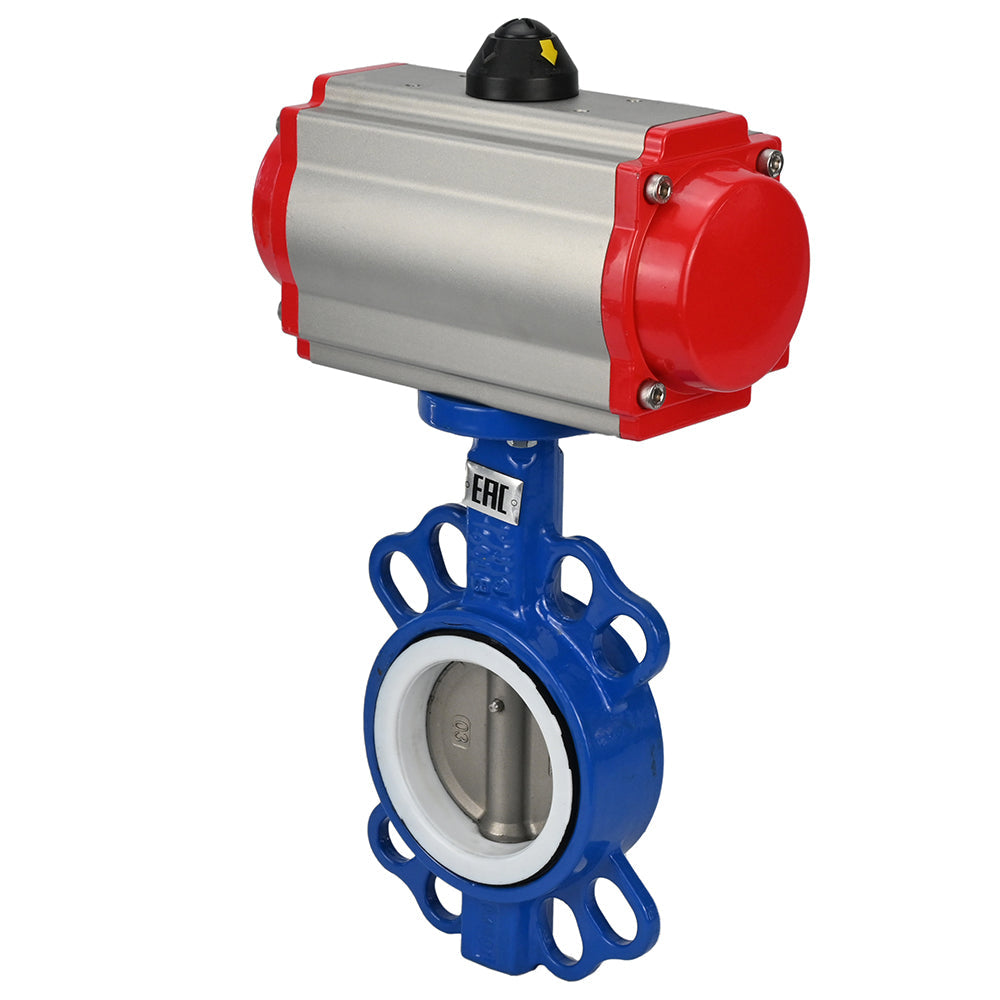 Válvula de mariposa de agua Elephant st-316l-ptfe-da-4m310-24v, material del cuerpo - acero al carbono WCB, material del disco - acero inoxidable AISI 316L, sello - PTFE, actuador neumático operado