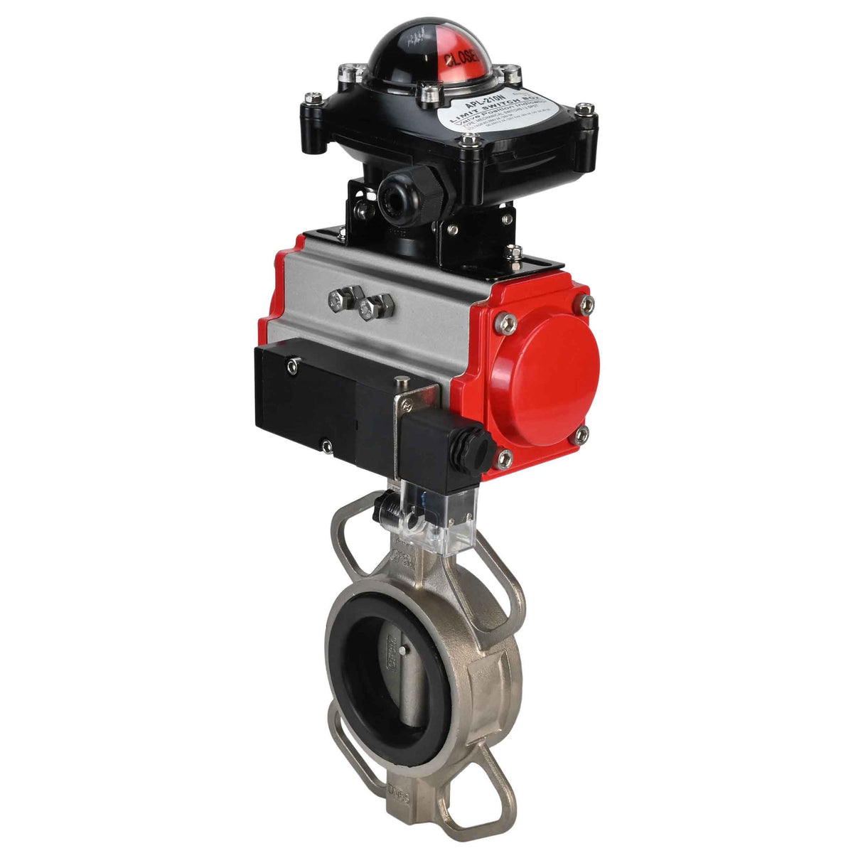 Water butterfly valve Elephant 316L-316L-EPDM body material - stainless steel aisi 316l, disk material - stainless steel AISI 316L, seal - EPDM with double-acting pneumatic actuator Elephant DA and pneumatic distributor 4M310-08 220V and limit switch