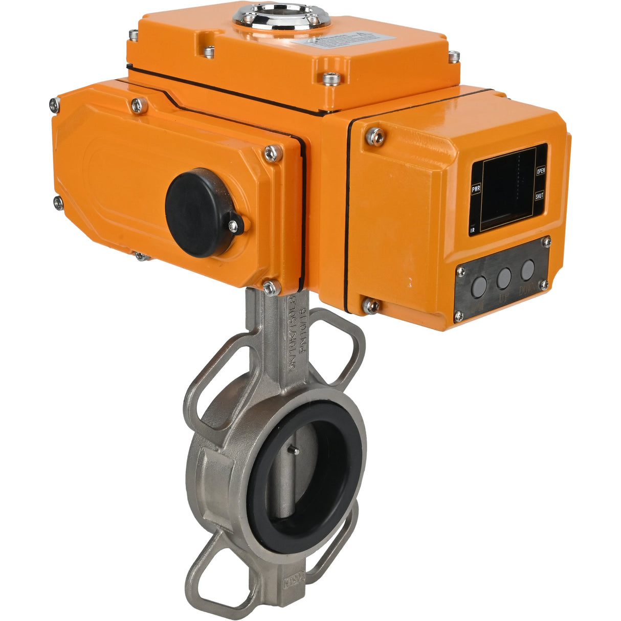 Válvula Mariposa de Agua Elefante 316L-316L-EPDM material cuerpo - acero inoxidable aisi 316l, material disco - acero inoxidable aisi 316l, sello - EPDM con actuador eléctrico Elefante 220V, sensor de retroalimentación y señal de control de entrada 0-10V