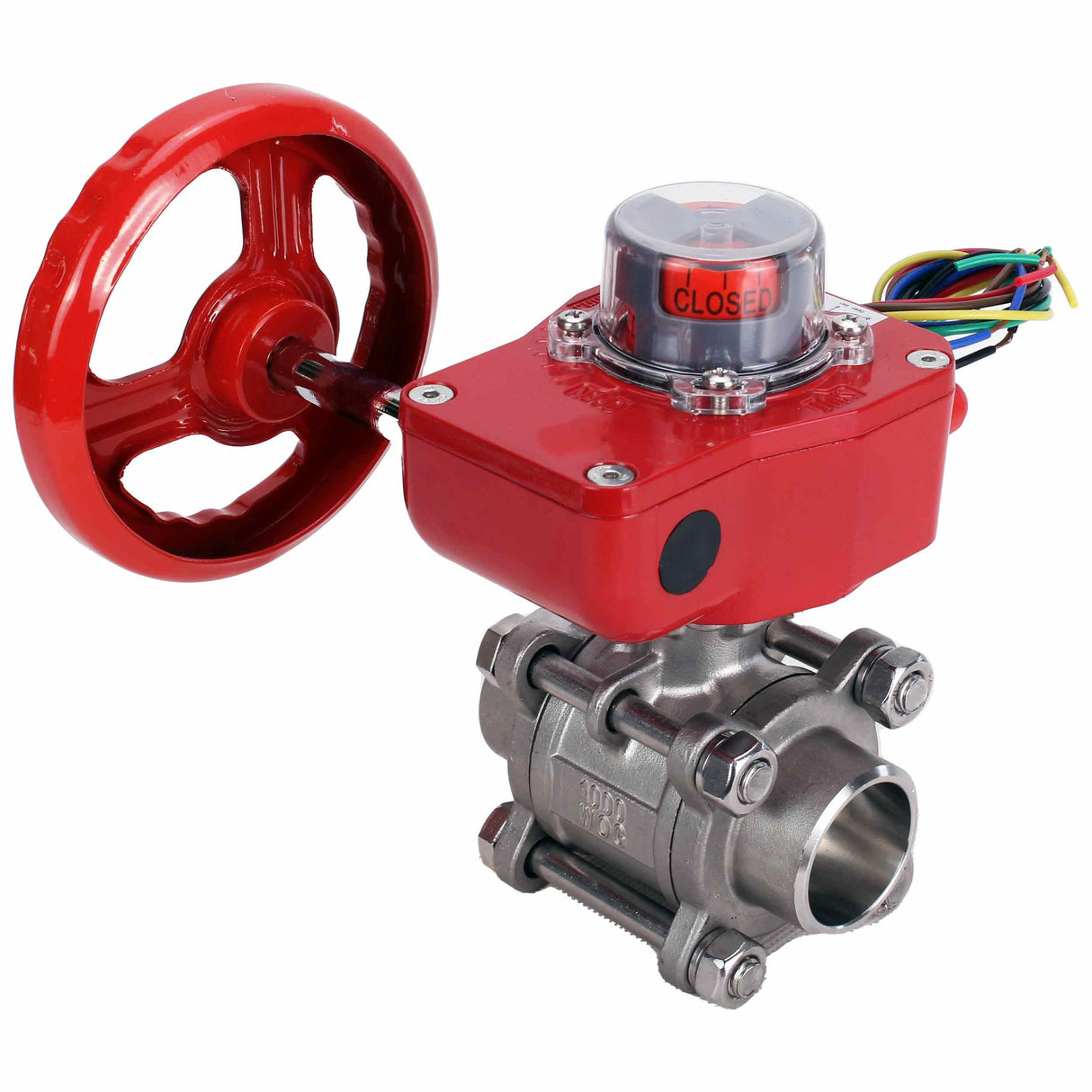 Válvula de bola de acero inoxidable Elephant BVPP 316.200-ISO 914 PSI para soldar, paso completo, material del cuerpo - acero inoxidable AISI 316, con brida ISO y reductor Elephant GBBF con indicador de posición y sensor de retroalimentación